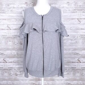 Pleione Womens Cold Shoulder Top L Full Zip Gray Ruffle 770